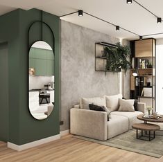 a living room filled with furniture and a large mirror mounted to the side of a wall