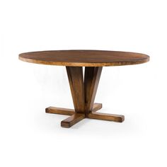 a round wooden table with two cross legs on an isolated white background the top is made out of wood