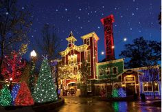 christmas lights on houses and trees at night