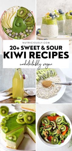 various pictures of kiwi desserts with the words 20 sweet and sour kiwi recipes