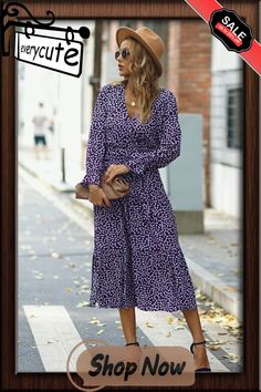 Navy Blue V Neck Tie Waist Long Sleeve Floral Dress Purple Long Sleeve Midi Dress For Fall, Casual Purple Midi Dress For Fall, Casual Purple Midi Dress For Work, Blue Belted Midi Dress For Fall, Dresses Floral, Long Sleeve Floral Dress, Blue V, Floral Dresses, Women Dresses