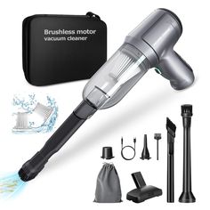 the brushless motor vacuum cleaner is shown with accessories and cleaning cloths around it