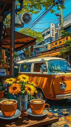 an orange vw bus parked in front of a building with sunflowers on the table