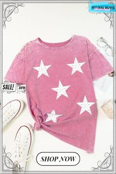 Women's Malibu Dreams Star Print Mineral Wash Tunic T-shirt Casual T-shirt With Star Print For Spring, Spring Crew Neck T-shirt With Star Print, Summer Crew Neck T-shirt With Star Print, Trendy Summer T-shirt With Star Patch, Summer Cotton T-shirt With Star Patch, Spring Relaxed Fit T-shirt With Star Print, Relaxed Fit T-shirt With Star Print For Spring, Spring Graphic Tee With Star Print, Trendy Star Print Summer Tops