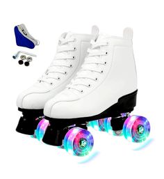 Womens Roller Leather High top Wheel Four White Roller Skates, Light Up Roller Skates, Professional Sneakers, Brown High Boots, Outdoor Skating, Boyfriends Girlfriends