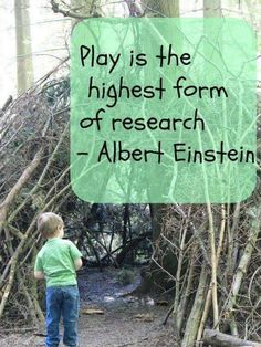 a young boy standing in front of a pile of branches with the words play is the highest form of research