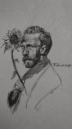 a drawing of a man with a sunflower in his hand