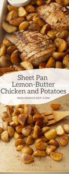 sheet pan lemon - butter chicken and potatoes with text overlay that reads sheet pan lemon - butter chicken and potatoes