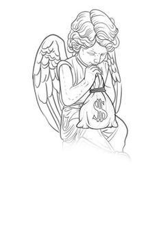 an angel sitting on the ground holding a bag with dollar signs in its hands and wings