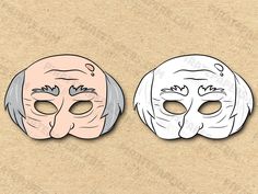 two masks with faces painted on them, one is white and the other has grey hair