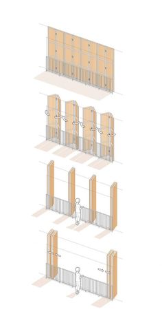 three different views of the same building with doors and railings, one showing an open door