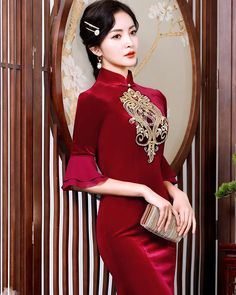 Traditional Chinese Dress Flare Sleeve Cheongsam - Weqipao Wedding Qipao, Dynasty Clothing, Red Qipao, Vietnam Dress, Dress For Party, Chinese Style Dress, Qipao Cheongsam, Traditional Chinese Dress, Qipao Dress