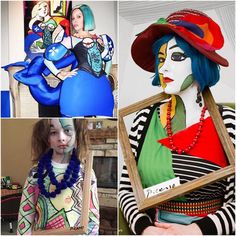 four different images of women with colorful hair and make - up, one wearing a costume