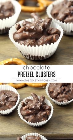 chocolate pretzel clusters in paper cups with pretzels and pretzels on the side