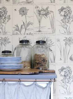 kitchen wallpaper with blue and white flowers in jars on top of a shelf next to dishes