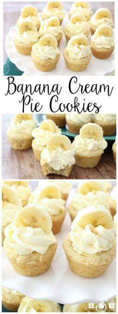 banana cream pie cookies on a white plate with the title above it and an image of bananas