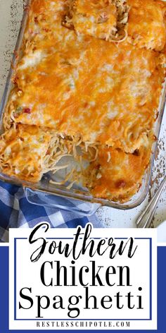 A casserole dish of chicken spaghetti with a serving removed. Southern Chicken Spaghetti Recipe, Southern Chicken Spaghetti, Best Chicken Spaghetti, Best Chicken Spaghetti Recipe, Creamy Chicken Spaghetti, Rotel Chicken Spaghetti, Chicken Spaghetti Recipe, Rotel Recipes