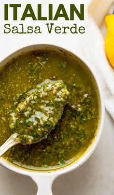 a white bowl filled with italian salsa verde soup