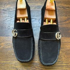 Authentic Gucci Men’s Suede Black Gg Drivers. Size 10.5 In Excellent Condition. Worn One Time! Dust Bags Included. Shoe Trees Not Included Smoke Free Pet Free Home Luxury Black Loafers With Suede Lining, Gucci Suede Loafers With Leather Sole, Designer Black Suede Loafers, Black Designer Suede Loafers, Gucci Suede Formal Loafers, Gucci Suede Loafers For Formal Occasions, Luxury Black Gucci Loafers, Shoe Tree, Gucci Shoes