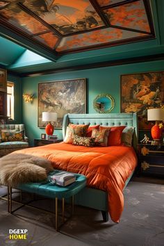 Künstlerisches Schlafzimmer in Teal und Orange, kreative Wandmalereien, detailreiche Deckenverzierung, orangefarbene Akzente, auffällige Kunstwerke. Eclectic Bedroom Design, Modern Victorian Style, Copper Bedroom, Soothing Bedroom, Lacquered Walls, Bedroom Orange, Teal Walls, Eclectic Bedroom