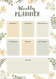 the printable weekly planner is shown with flowers and leaves on it, as well as notes