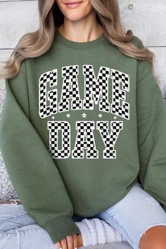 Checkered Game Day Graphic Fleece Sweatshirts.Unisex Crew Neck Long Sleeve Sweaters Knits.Crafted from premium materials, tailored to your lifestyle, ensuring a comfortable fit for any occasion.Family Group Uniforms Birthday Party Gift Concert Festival Events.High Quality Direct To Film Printed Graphic Design.50%COTTON,50%POLYESTERNICARAGUAMade In: Nicaragua Spring Game Day Sweatshirt With Letter Print, Green Long Sleeve Sweatshirt For Game Day, Trendy Game Day Winter Tops, Green Fall Sweatshirt For Leisure, Green Sweatshirt For Leisure In Fall, Trendy Winter Game Day Tops, Green Leisure Sweatshirt For Fall, Trendy Winter Tops For Game Day, Game Day Sweatshirt With Crew Neck For Spring