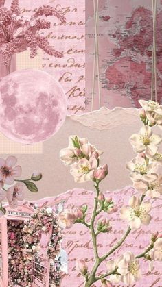 a pink collage with flowers and the moon in the sky above it, as well as an old map