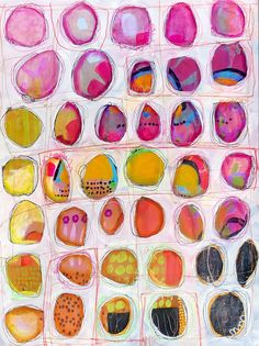 an art work with many different colors and shapes on the paper, including circles and dots