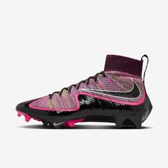 the nike hyper flyknit football cleats are in pink and black