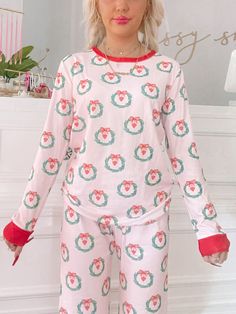 Wreath Love Pink Christmas PJ Set | Sassy Shortcake Coquette Christmas Pajamas, Pink Pj Set, Sassy Shortcake, Coquette Christmas, Christmas Pj, Pastel Christmas, Christmas Clothing, Aesthetic Things, Cute Pajamas