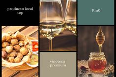 there are four pictures with different foods and drinks in them, including honey, wine, nuts, and other things