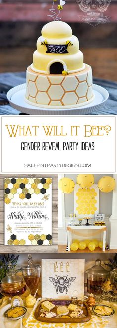 a bee themed birthday party with yellow and black decorations, honeycombs and bees