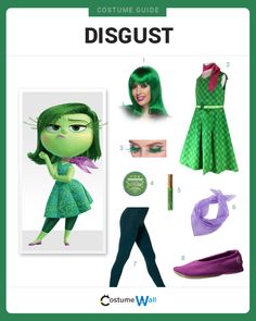 the costume guide for pikachu from inside out is shown in green and purple