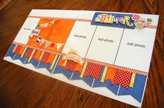 a birthday card with an orange, blue and white banner hanging from it's side