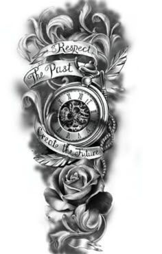 a black and white photo of a clock with roses on it's arm that says respect to the past