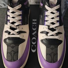 Coach Sneakers Some Mens Some Womens Please Send A Message On Which Style And Sz If Interested Thx! Purple Leather High-top Skate Shoes, Purple High-top Leather Skate Shoes, Coach Sneakers With Laces For Sports, Coach Sneakers With Laces For Streetwear, Coach Sneakers For Streetwear, Custom Sneakers With Laces And Round Toe, Coach High-top Sneakers With Rubber Sole, Coach Low-top Sneakers For Streetwear, Coach Sneakers For Streetwear With Round Toe