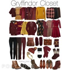 an assortment of clothing and accessories arranged in a gridlocked pattern with the words gryffindor closet