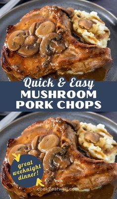 pork chops with mushrooms and mashed potatoes on a plate