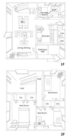 two floor plans showing the living room and bedroom areas, with different rooms in each