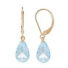 Adorned with genuine blue topaz briolettes, these 14k gold drop earrings add captivating beauty to your ensemble. Comes in a gift box.EARRING DETAILS Length: 1.08 in. Closures: leverback Metal: 14k gold STONE DETAILS Stone type: genuine blue topaz Total weight: 7 ct. Shape: briolette Gemstones may have been treated to enhance their appearance. Special care may be required. Size: One Size. Gender: female. Age Group: adult. Formal Blue Topaz Drop Earrings, Yellow Gold Briolette Teardrop Earrings For Formal Occasions, Topaz Drop Earrings With Gemstone Accents, Anniversary Blue Topaz Briolette Earrings, Blue Topaz Briolette Earrings, Blue Briolette Teardrop Earrings For Gift, Elegant Blue Topaz Briolette Earrings, Tanzanite Drop Earrings, Dread Accessories