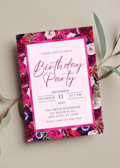 a birthday party card with pink and purple flowers on it next to an olive branch