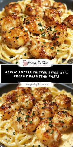 garlic butter chicken bites with creamy parmesan pasta is an easy and delicious dinner