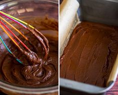 two pictures side by side one has chocolate and the other has colored straws in it