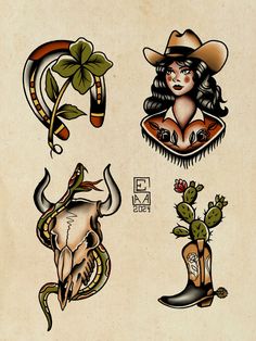 an old school style tattoo design with various tattoos on the upper half of their arm