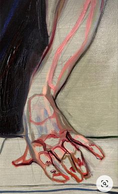 an abstract painting of a woman's legs with red and blue lines on them