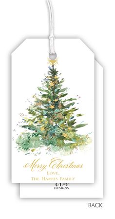 a christmas tree gift tag with the words merry and bright lights in gold on it