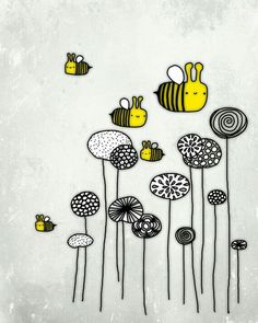 an image of bees and flowers on a white background with black and yellow accents in the middle