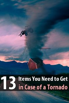 a person jumping over a stop sign on top of a hill with the words 13 items you need to get in case of a tornado