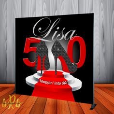 a black and white sign with red carpet on it that says,'50 steppin into 501 '