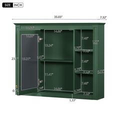 the size and measurements of a green storage cabinet with doors on one side and shelves on the other